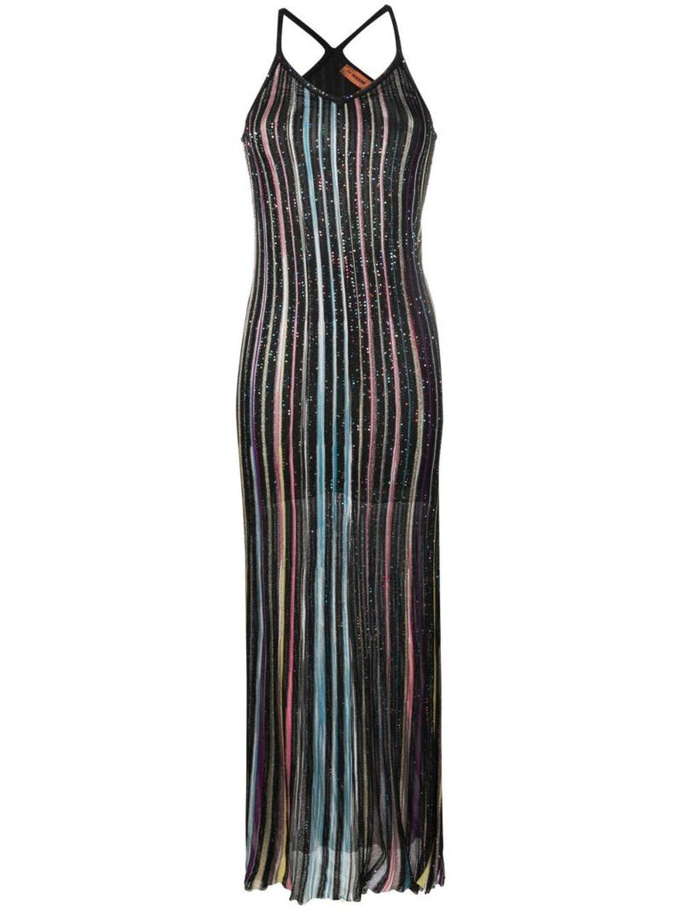 Black Striped Sequinned Maxi Dress