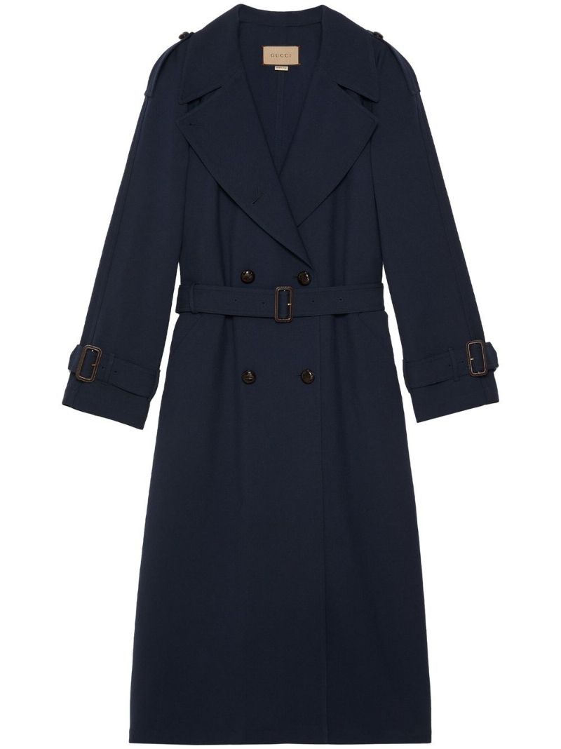 Blue Double-breasted Wool Trench Coat