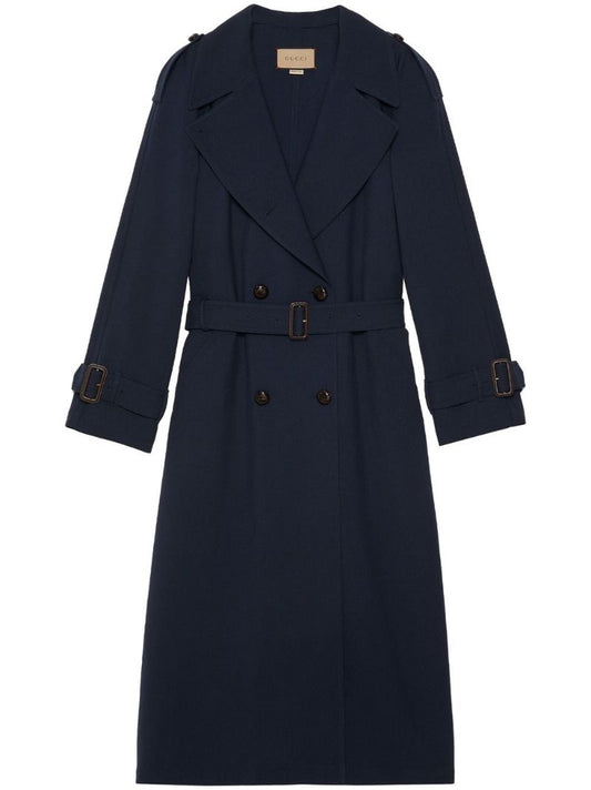 Blue Double-breasted Wool Trench Coat