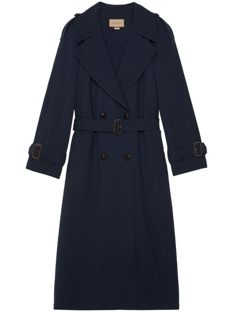 Blue Double-breasted Wool Trench Coat