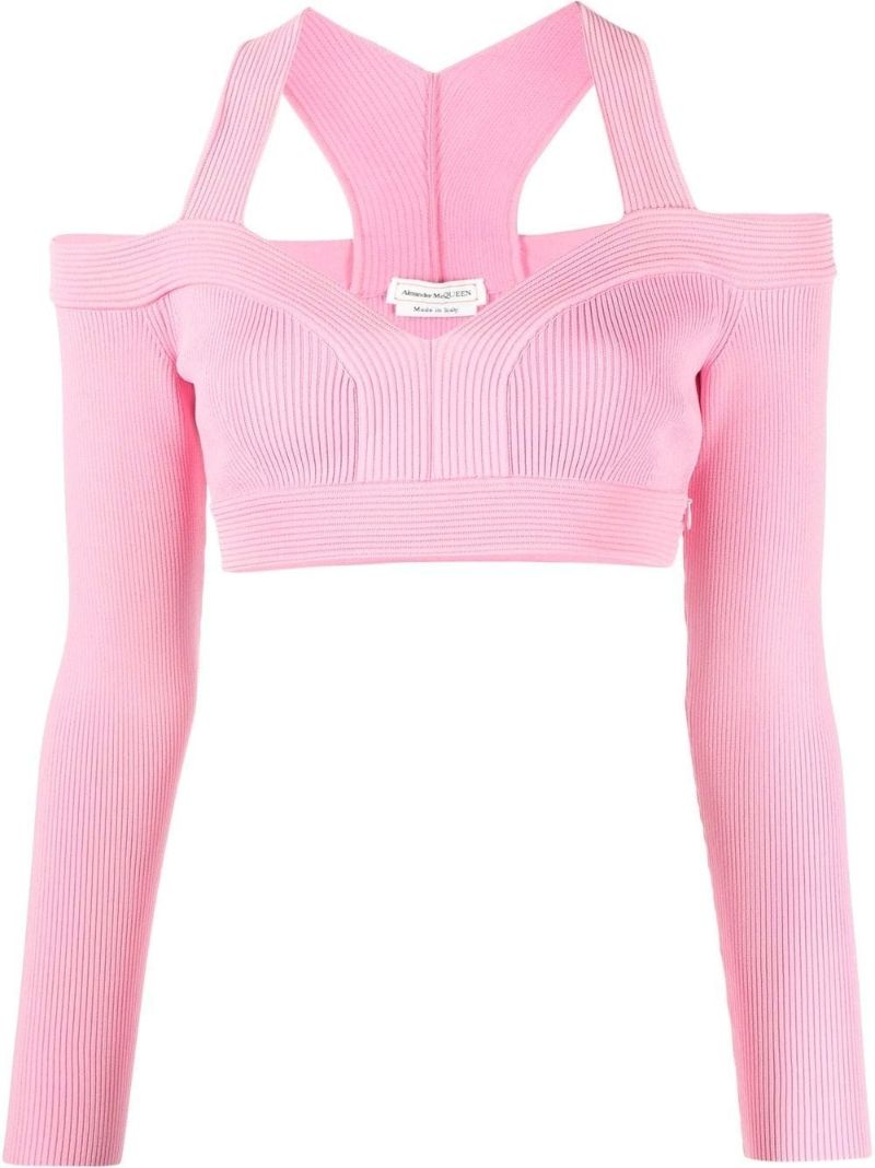 Pink Ribbed Cut-out Crop Top