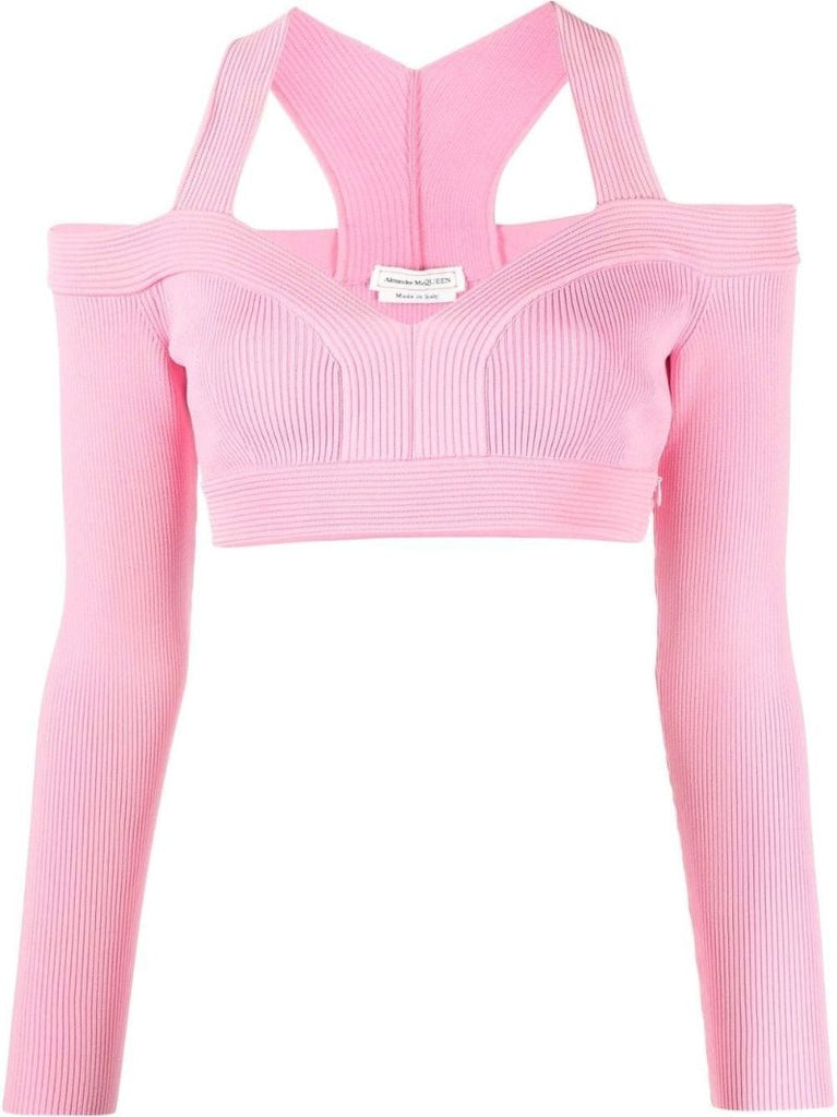 Pink Ribbed Cut-out Crop Top