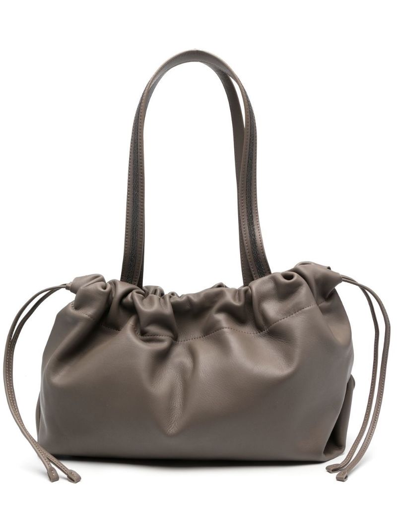 Grey Leather Drawstring Tote Bag