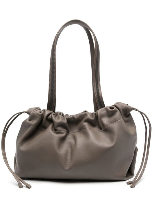 Grey Leather Drawstring Tote Bag