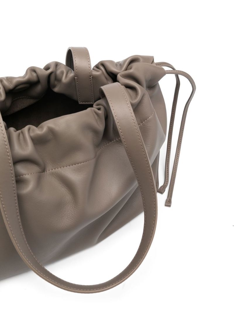 Grey Leather Drawstring Tote Bag