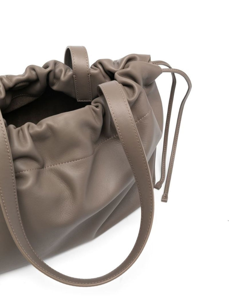 Grey Leather Drawstring Tote Bag