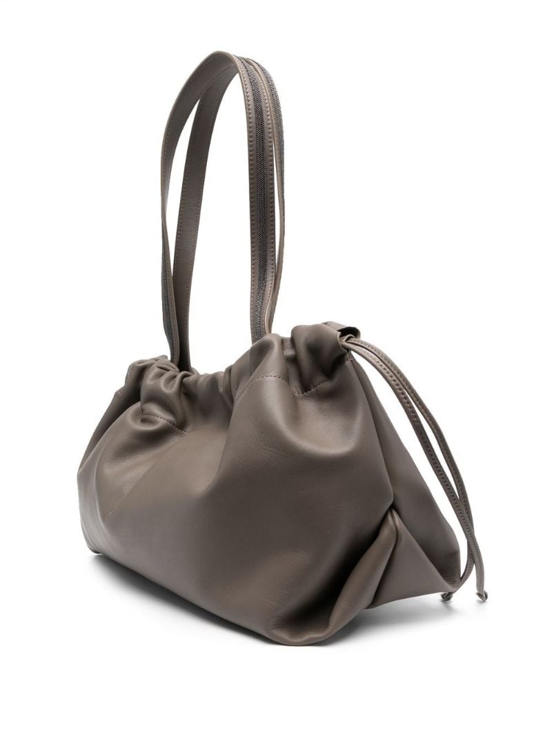 Grey Leather Drawstring Tote Bag