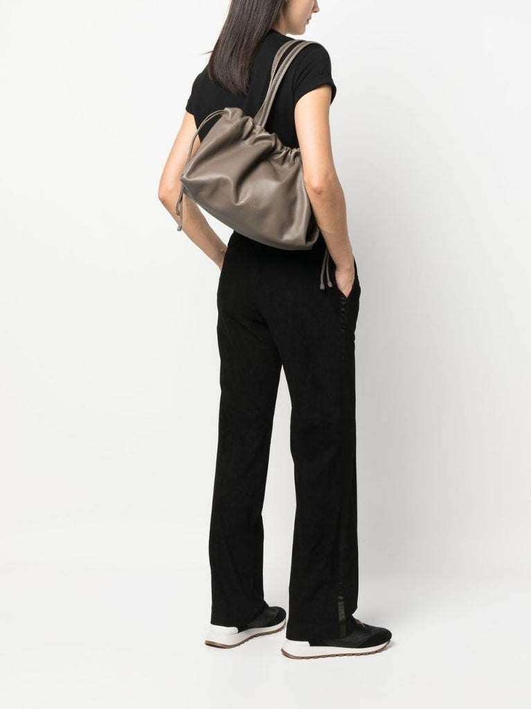 Grey Leather Drawstring Tote Bag
