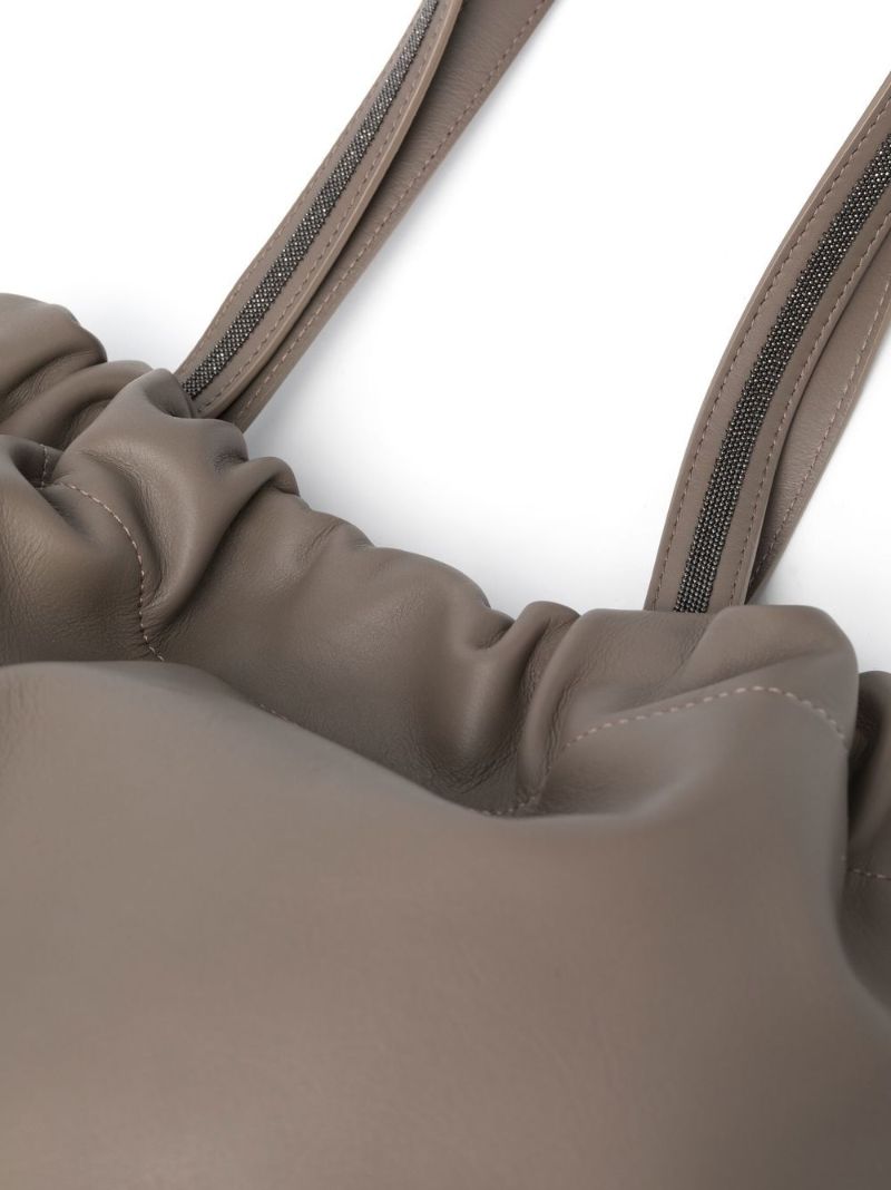 Grey Leather Drawstring Tote Bag