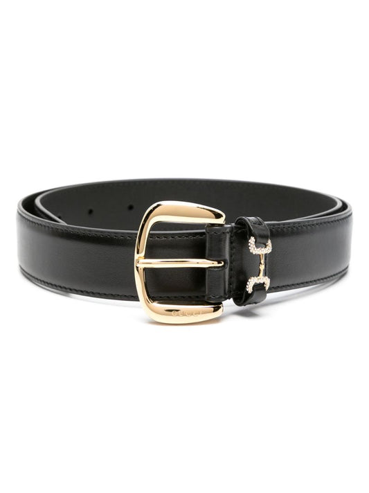 Black Crystal Horsebit Leather Belt