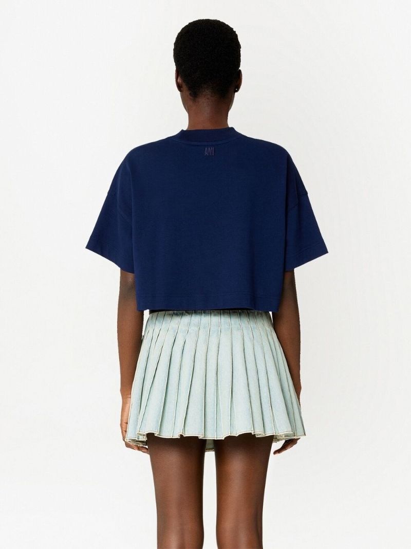 Navy Logo Embroidered Cropped T-shirt