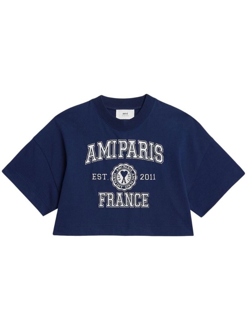 Navy Logo Embroidered Cropped T-shirt