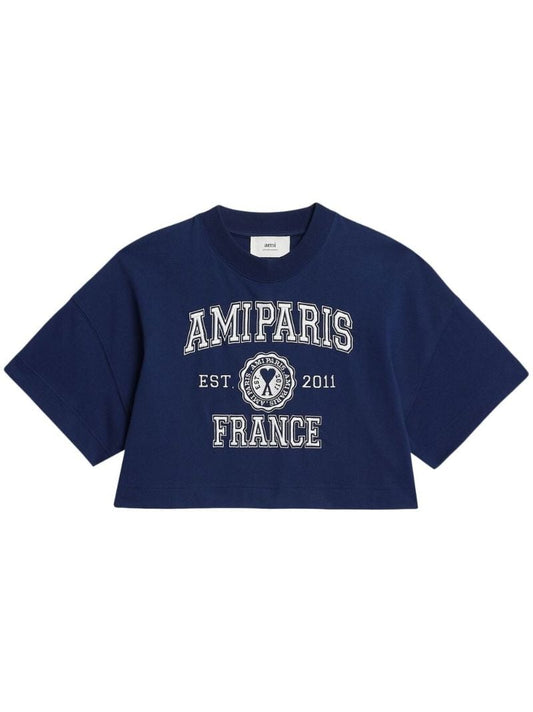 Navy Logo Embroidered Cropped T-shirt