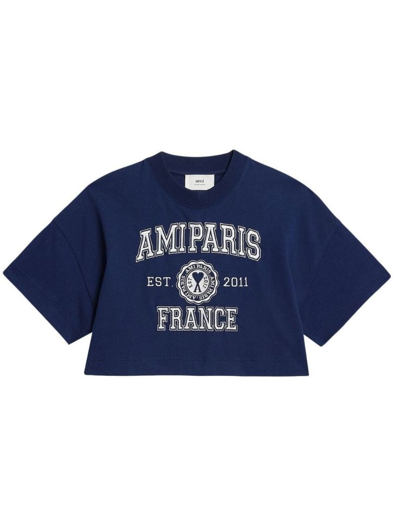 Navy Logo Embroidered Cropped T-shirt