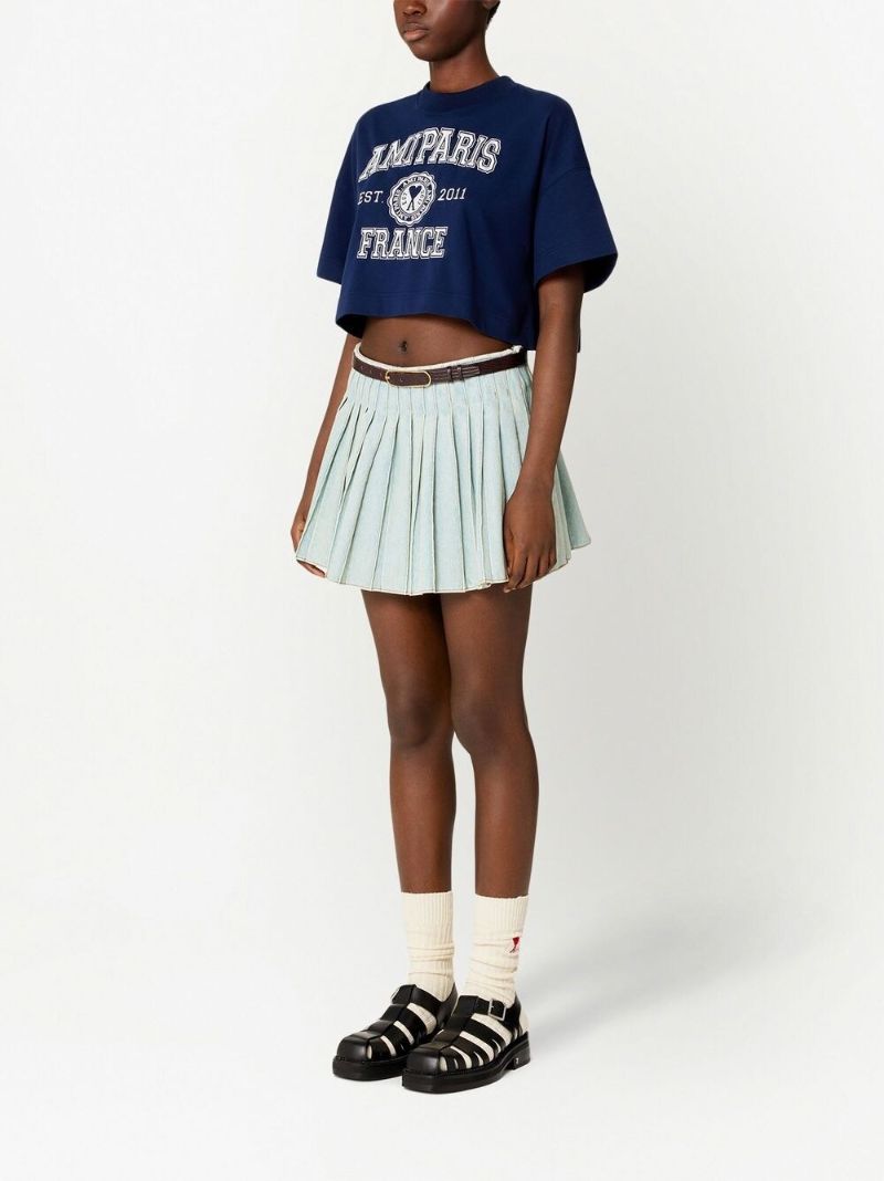 Navy Logo Embroidered Cropped T-shirt