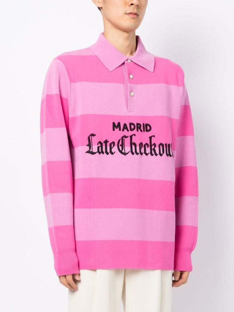 Pink Striped Logo Patch Cotton Polo Shirt