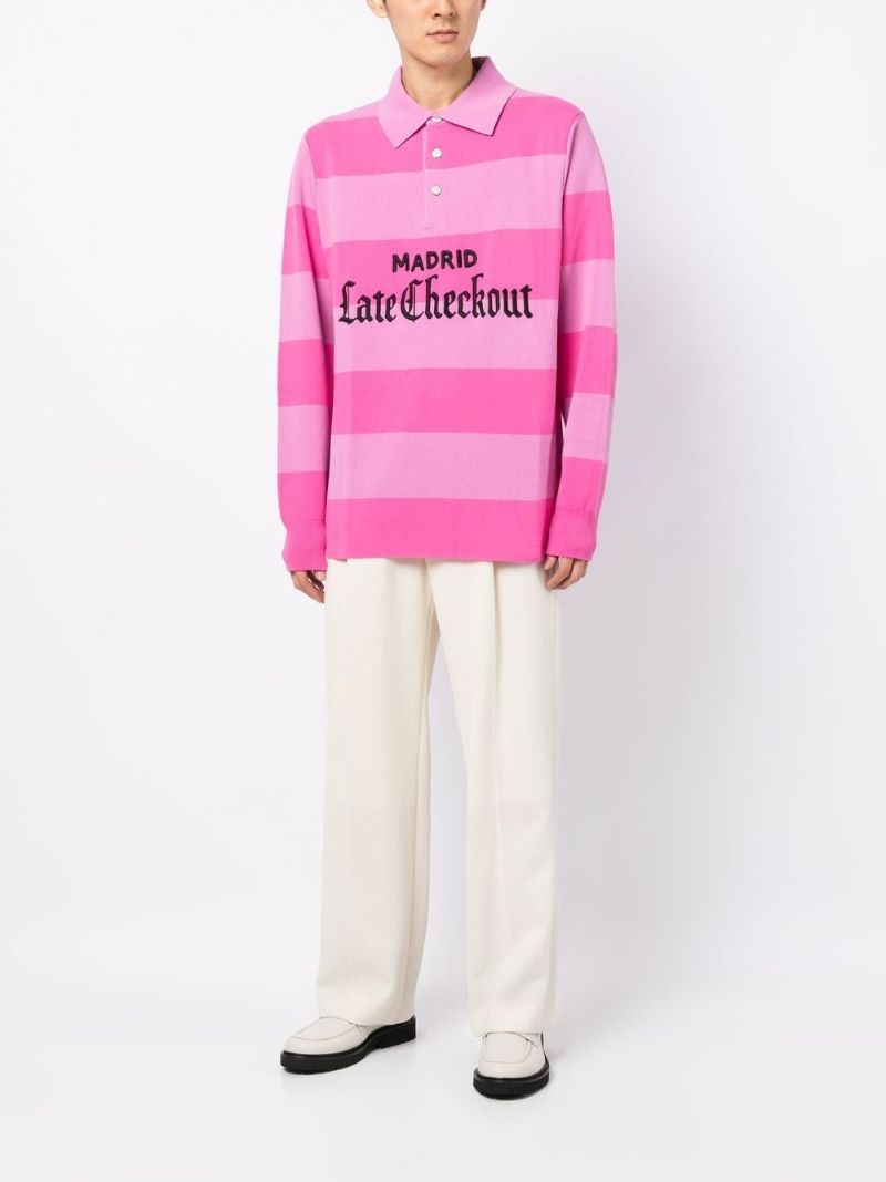 Pink Striped Logo Patch Cotton Polo Shirt