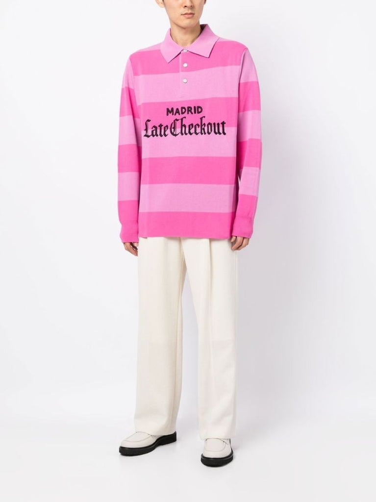 Pink Striped Logo Patch Cotton Polo Shirt