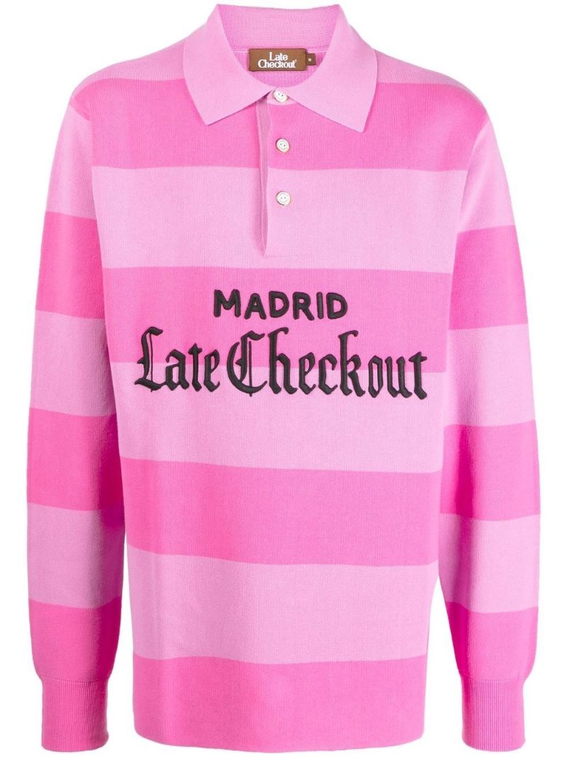 Pink Striped Logo Patch Cotton Polo Shirt