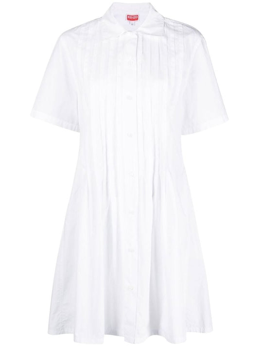 White Pintuck Short Sleeve Shirt Dress
