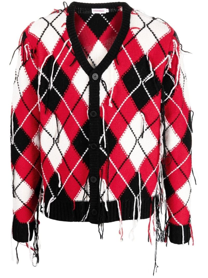 Red Fringed Argyle-knit Cardigan