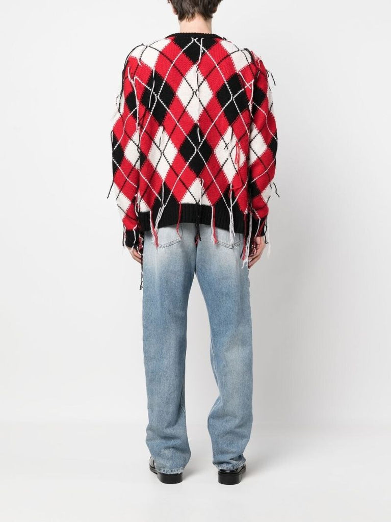 Red Fringed Argyle-knit Cardigan