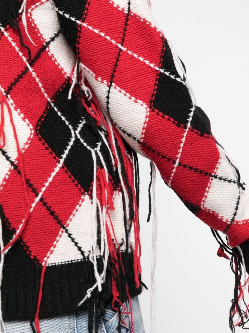 Red Fringed Argyle-knit Cardigan