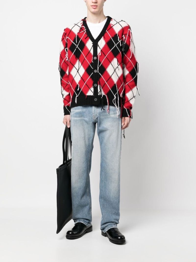 Red Fringed Argyle-knit Cardigan