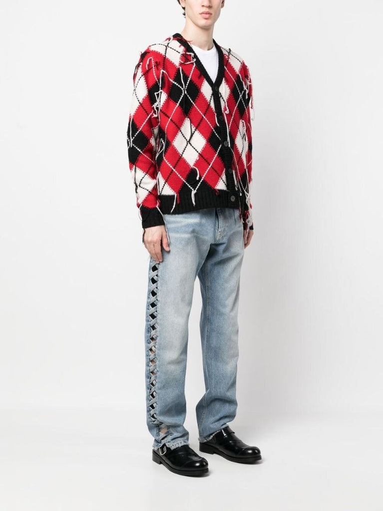 Red Fringed Argyle-knit Cardigan