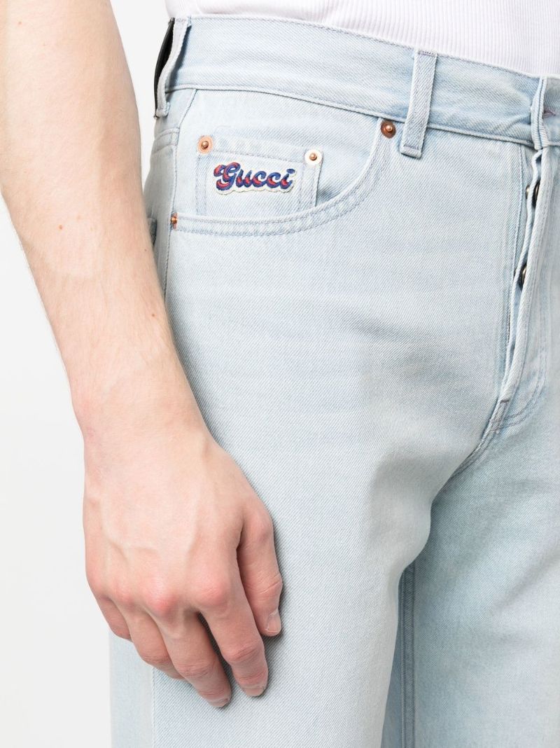 Blue Embroidered Logo Tapered Jeans