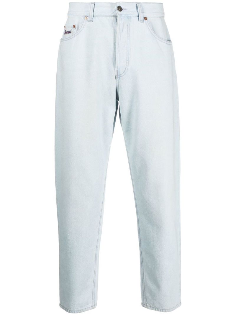 Blue Embroidered Logo Tapered Jeans