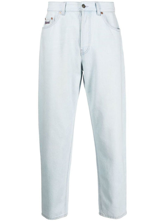 Blue Embroidered Logo Tapered Jeans