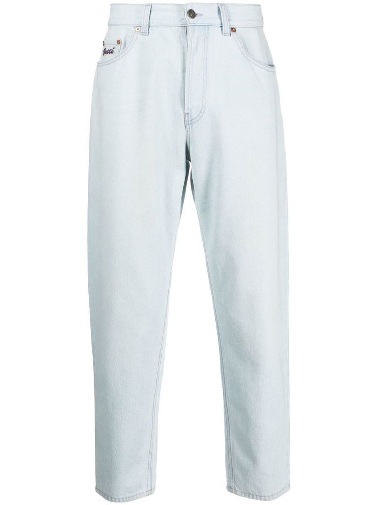 Blue Embroidered Logo Tapered Jeans