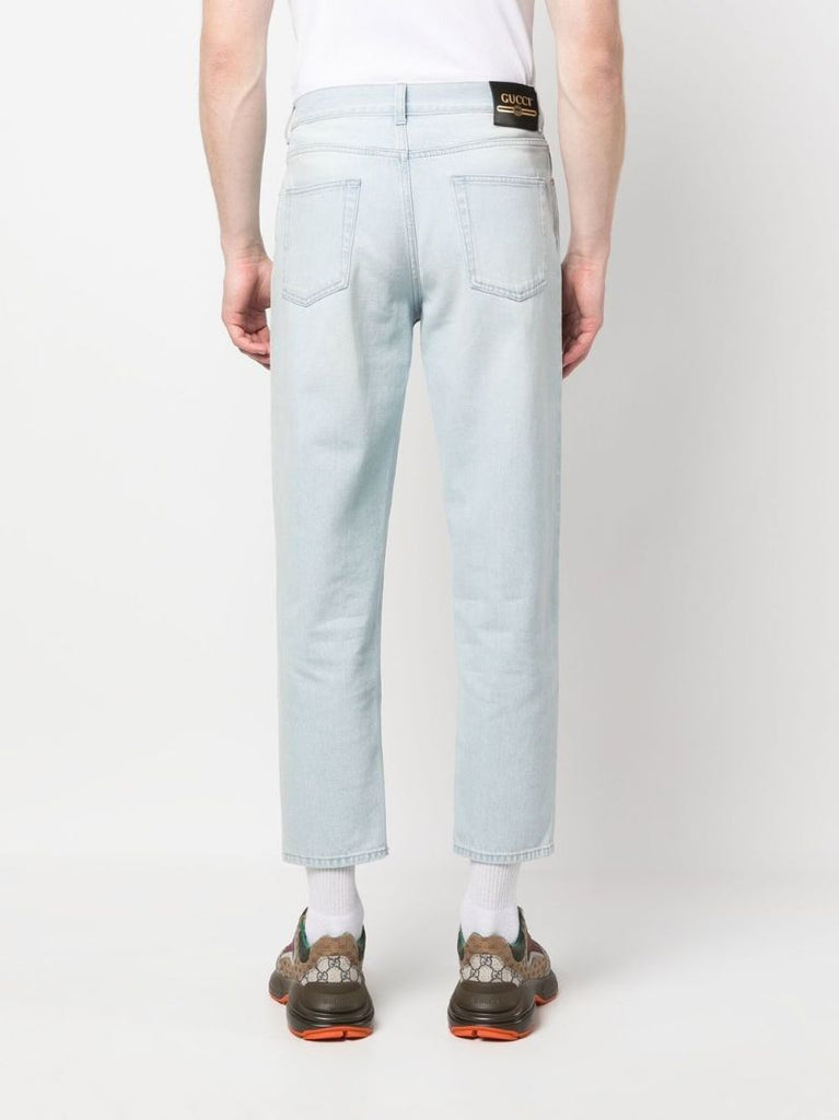 Blue Embroidered Logo Tapered Jeans