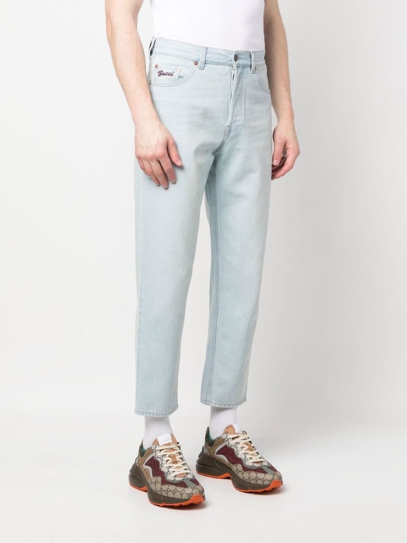 Blue Embroidered Logo Tapered Jeans