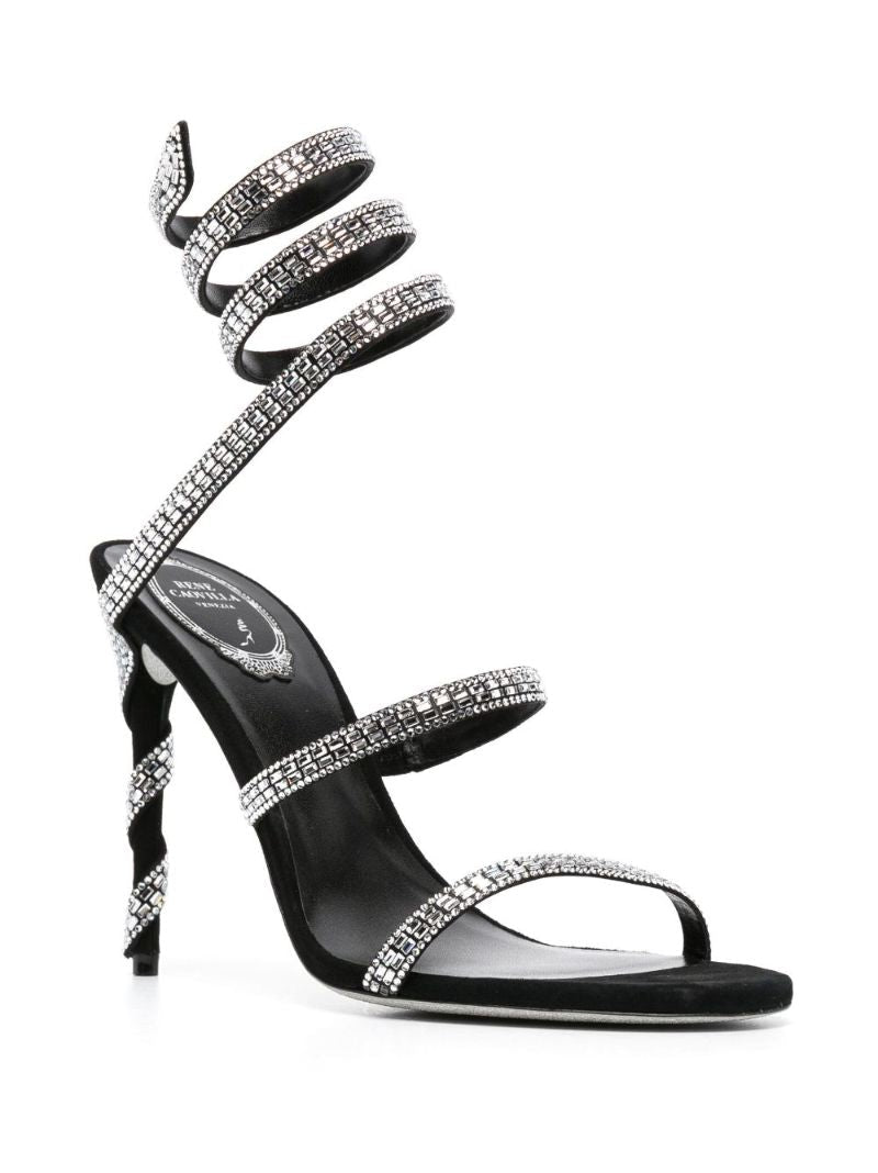 Black Crystal Embellished Wraparound 105mm Sandals