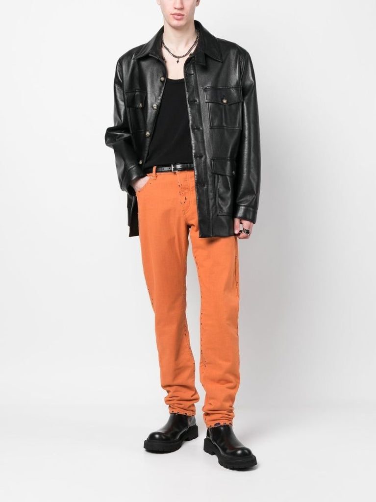 Orange Distressed Straight-leg Jeans