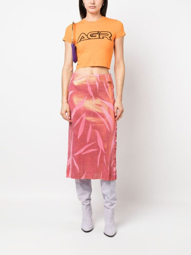 Orange Abstract-print Midi Skirt