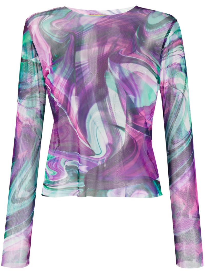 Purple Marble Print Long-sleeve Mesh Top