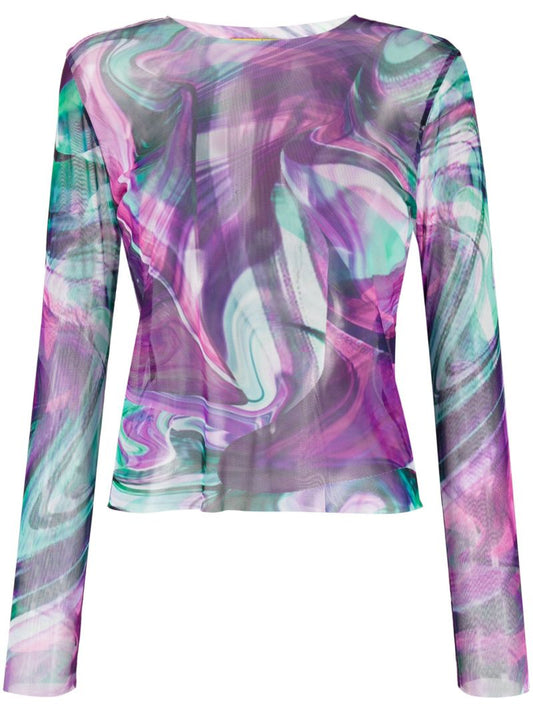 Purple Marble Print Long-sleeve Mesh Top