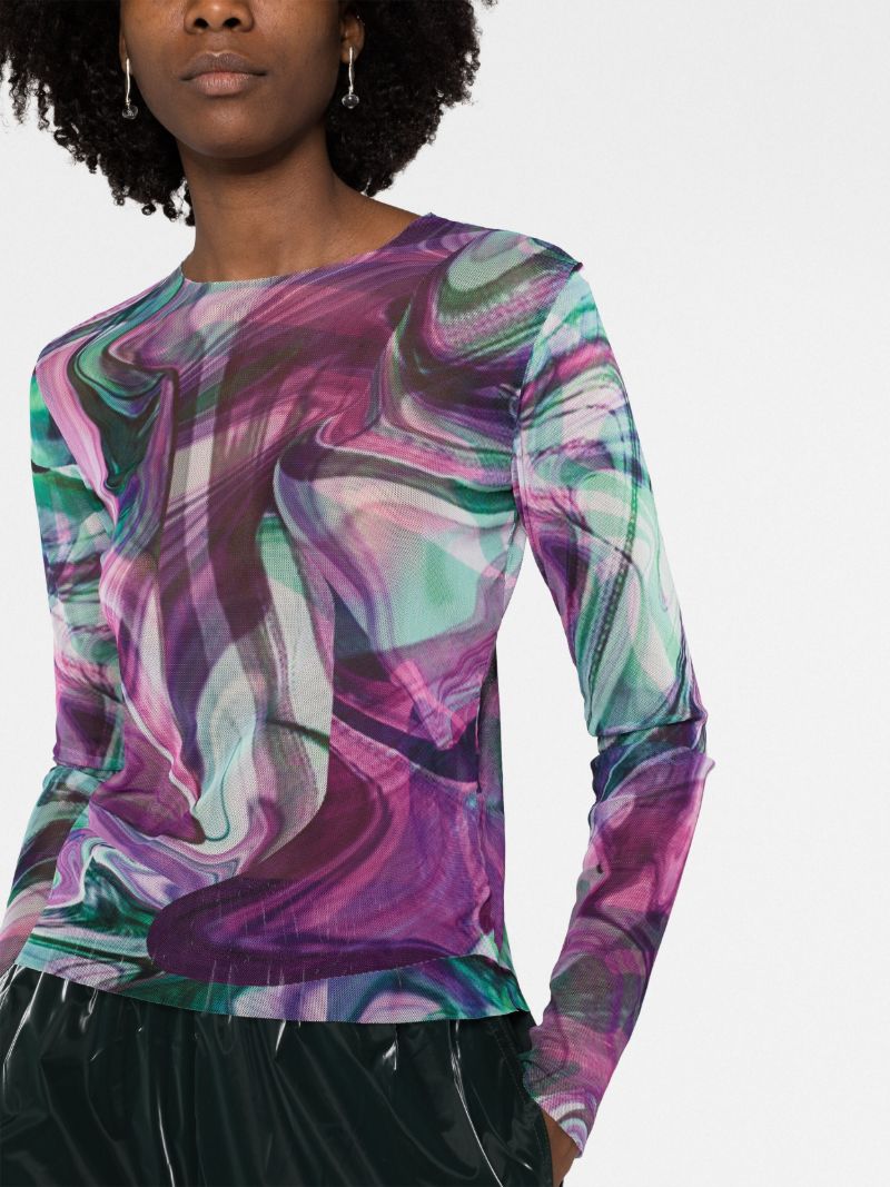 Purple Marble Print Long-sleeve Mesh Top