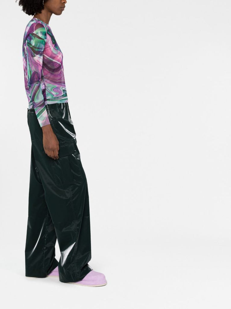Purple Marble Print Long-sleeve Mesh Top