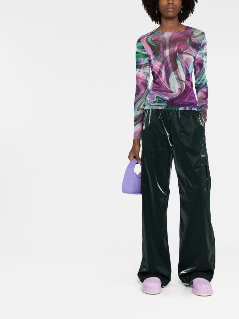 Purple Marble Print Long-sleeve Mesh Top