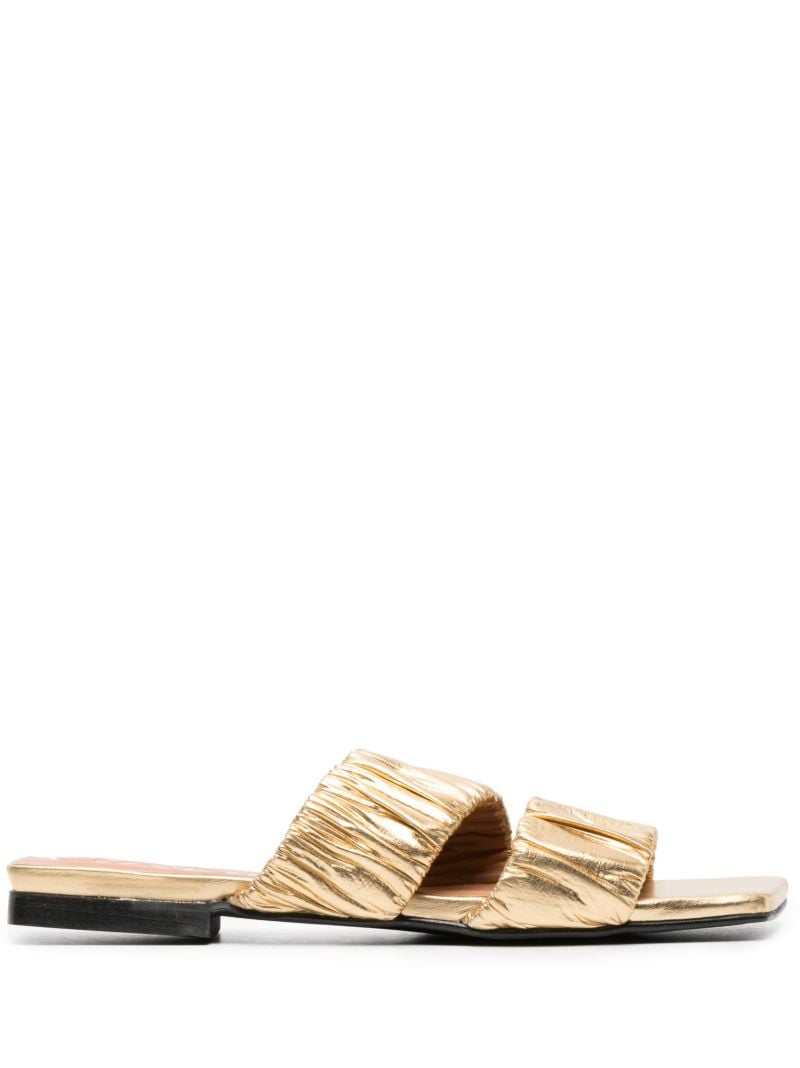 Gold-tone Smocked Double Strap Flat Sandals