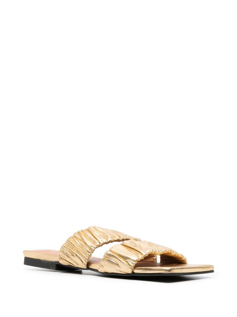 Gold-tone Smocked Double Strap Flat Sandals