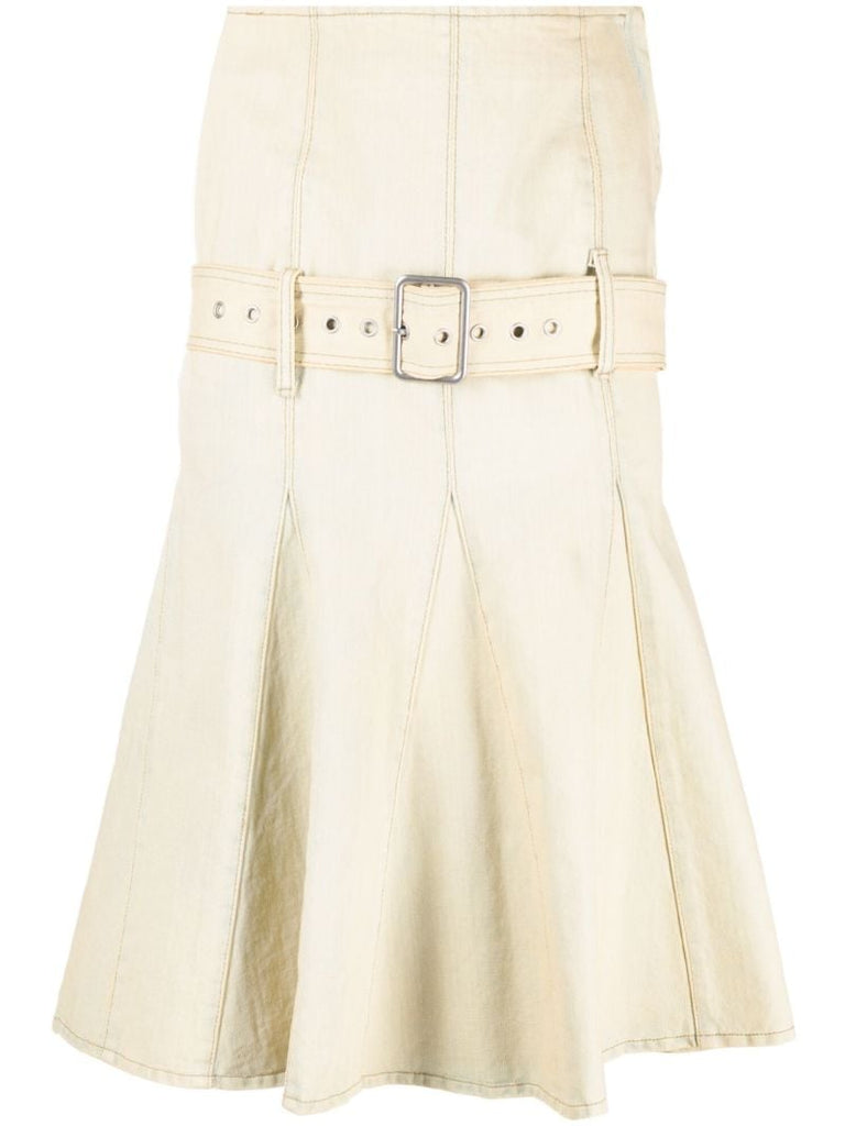 Neutral Belted Pleated Denim Skirt