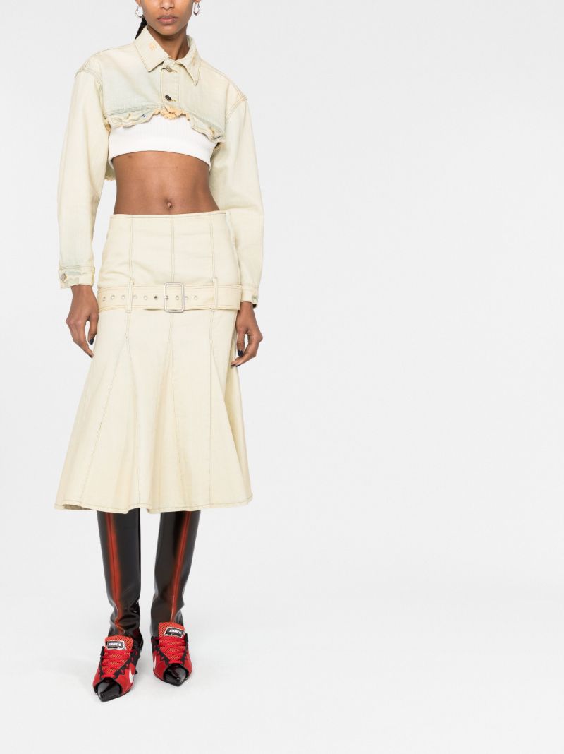 Neutral Belted Pleated Denim Skirt