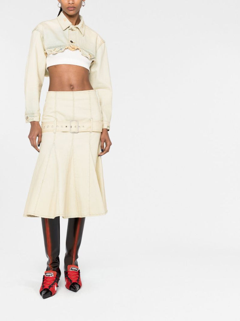 Neutral Belted Pleated Denim Skirt