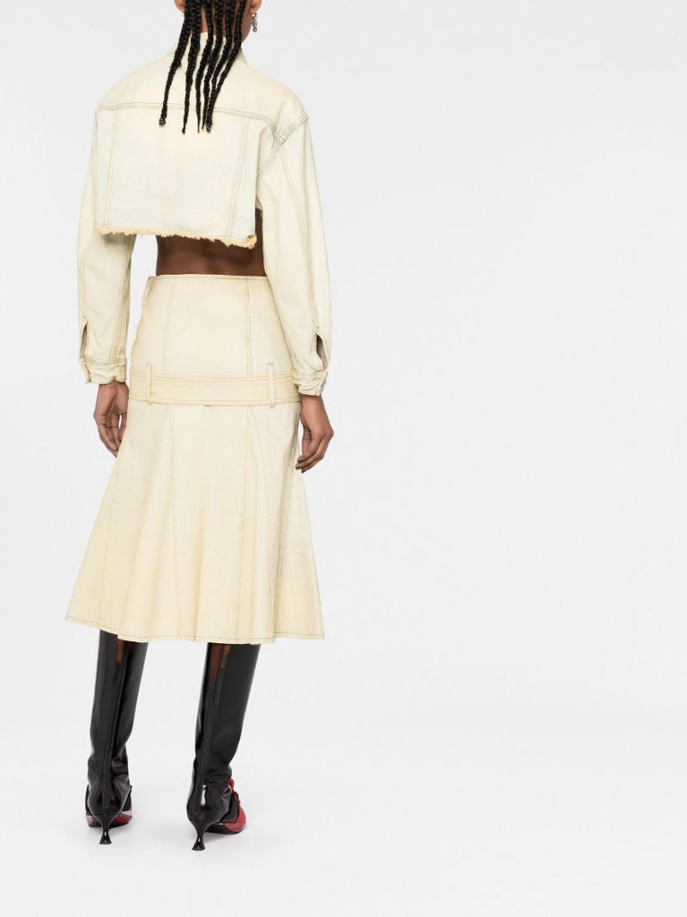 Neutral Belted Pleated Denim Skirt