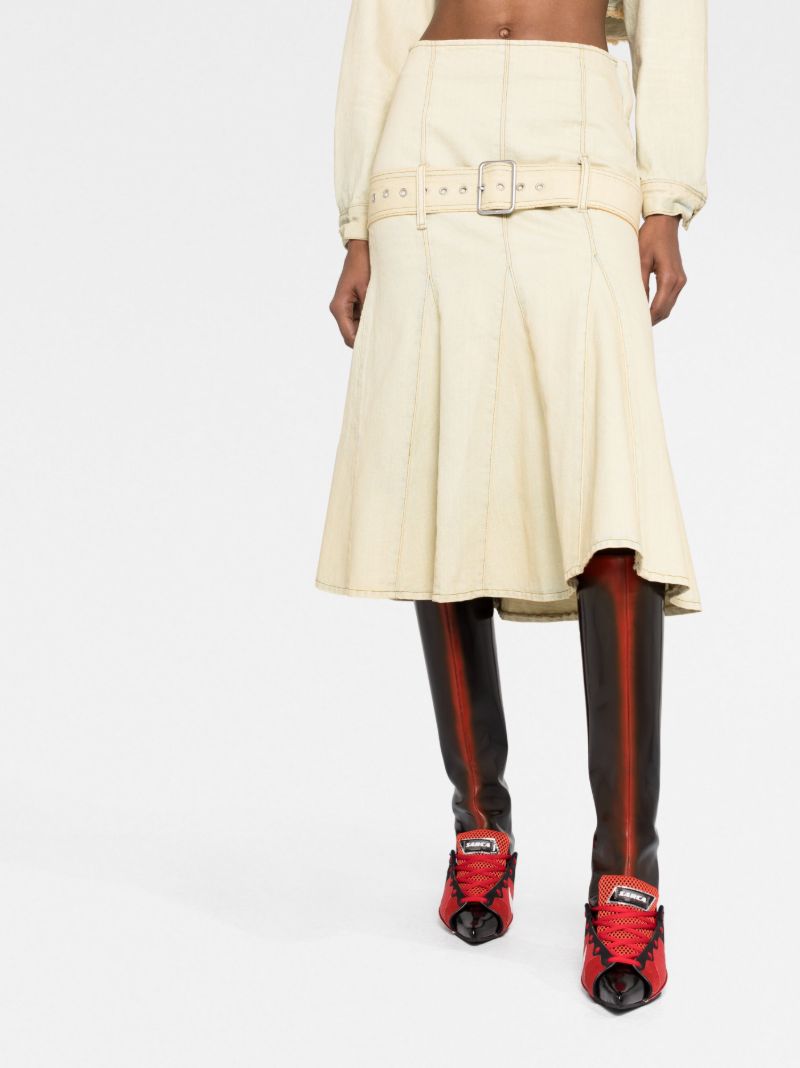 Neutral Belted Pleated Denim Skirt
